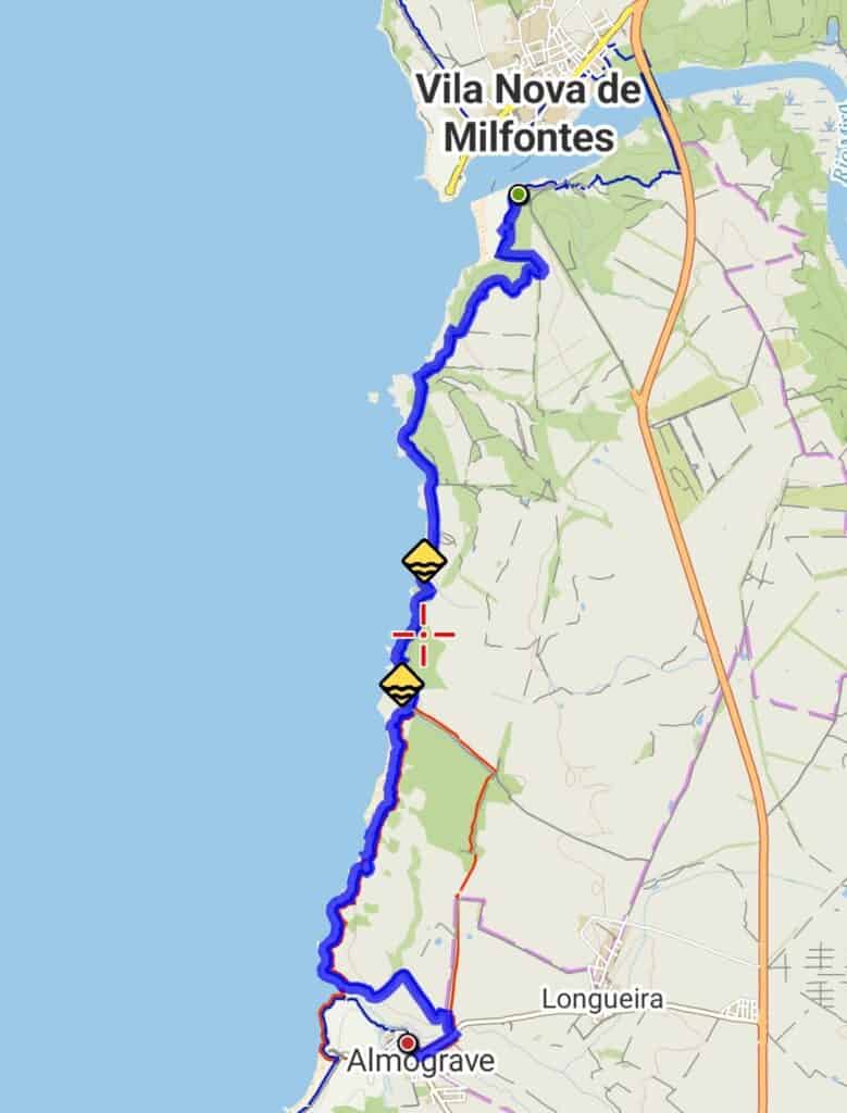 Guida completa alla Rota Vicentina - Il cammino dei pescatori 5 mappa seconda tappa percorso rota vicentina