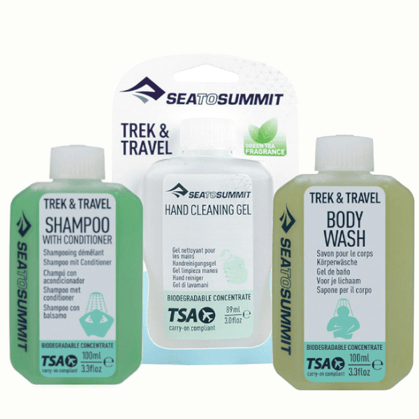 Travel Kit Trekking Shampoo, Bagnoschiuma e gel igienizzante 